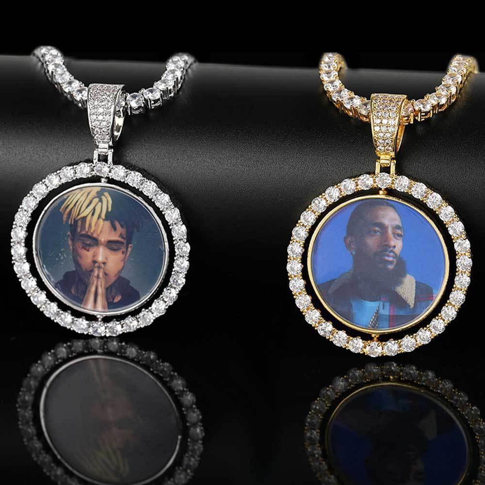 Custom Rotating Double-Sided Round Photo Pendant Necklace with Micro-Pave Zircon Stones | Caratix Jewelry - CaratixJewelry