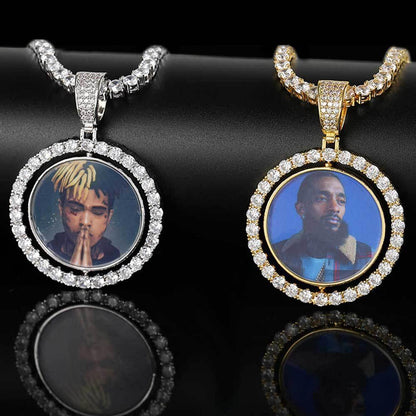 Custom Rotating Double-Sided Round Photo Pendant Necklace with Micro-Pave Zircon Stones | Caratix Jewelry - CaratixJewelry