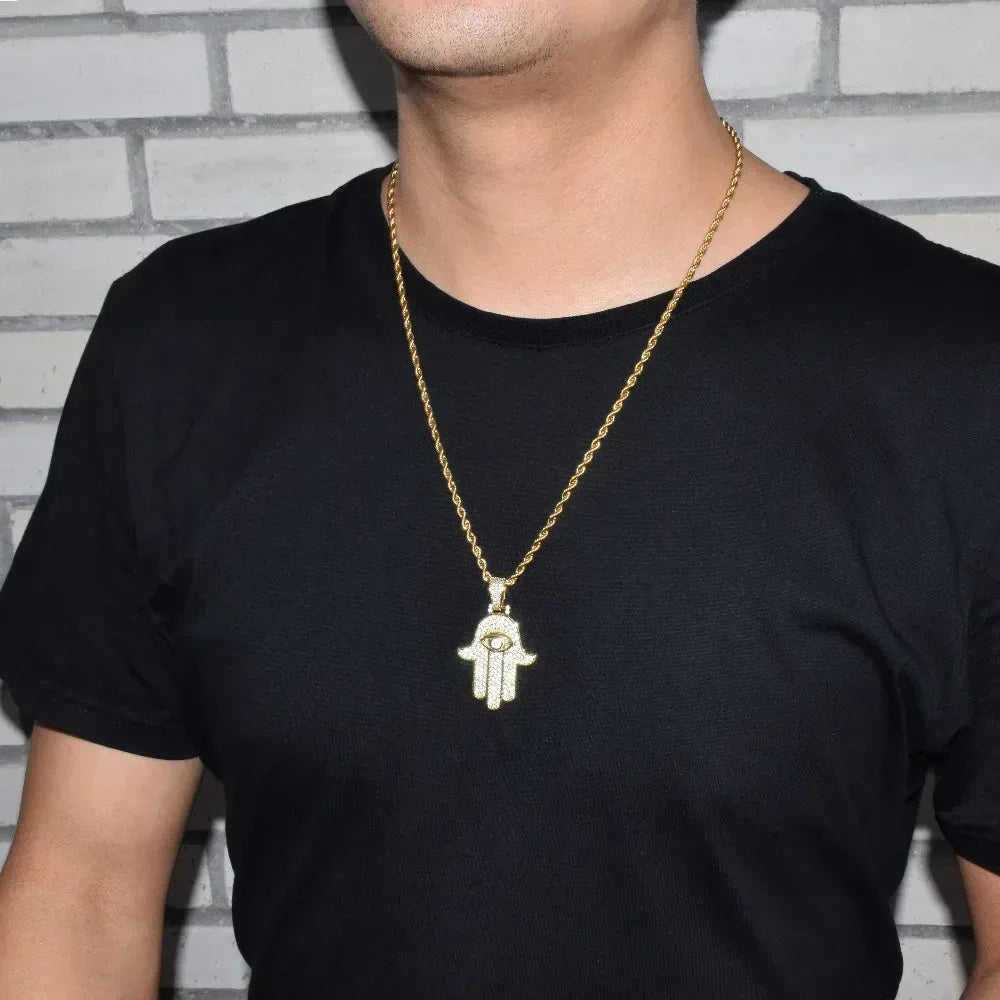 Iced Out Hamsa Hand Pendant Men's Hand of Fatima Necklace Caratix - CaratixJewelry