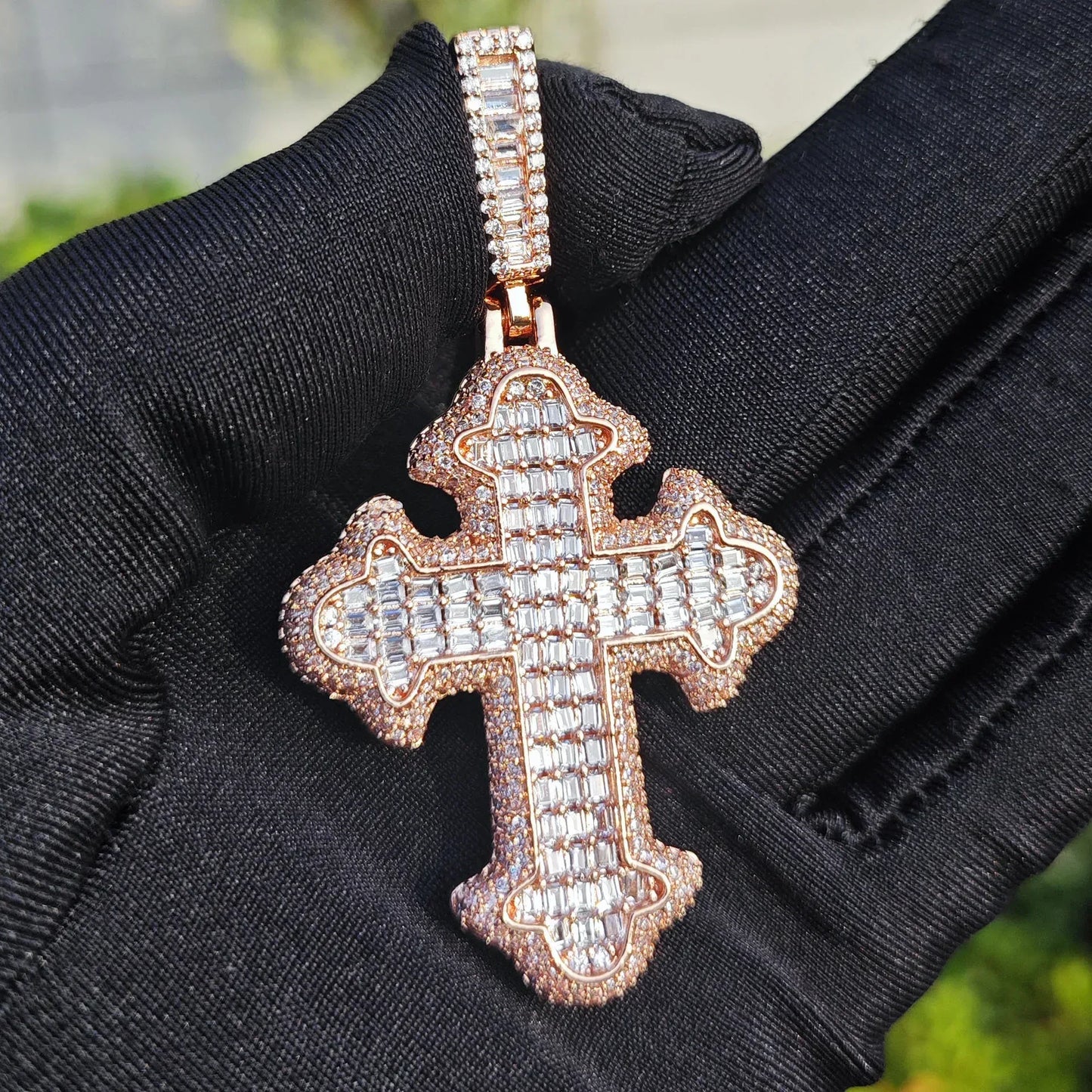 Iced Out Step-Cut Cross Pendant Necklace- Hip Hop CZ - CaratixJewelry