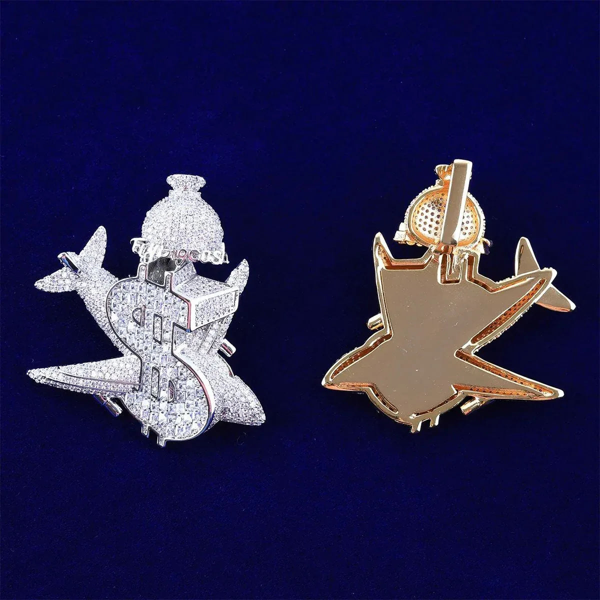 Iced Out Money Plane Pendant | Unisex Real Copper/S925 CZ Necklace | Luxury Hip Hop Flight to Riches Jewelry | Dollar Sign Plane Bling | Caratix - CaratixJewelry