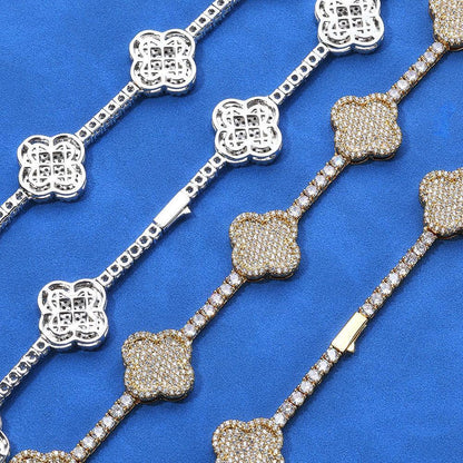 Four-Leaf Clover Moissanite Tennis Chain – S925 Sterling Silver Iced-Out Hip Hop Men’s Luxury Streetwear Necklace - CaratixJewelry