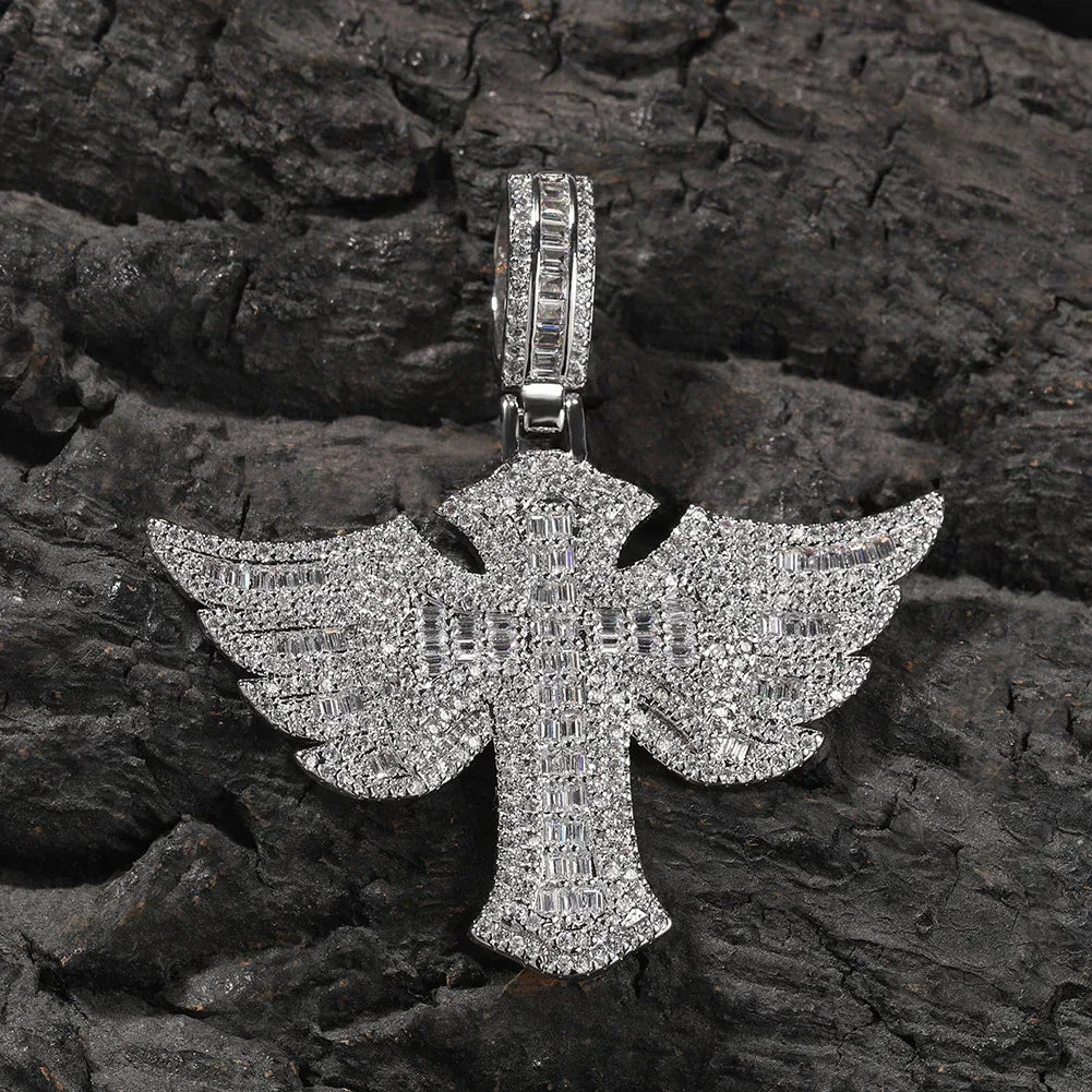 Luxury Iced Out Angel Wings Cross Pendant for Men | Hip Hop Pave CZ Jewelry | Trendy Winged Cross Ice Pendant | Fashion Necklace | Caratix - CaratixJewelry