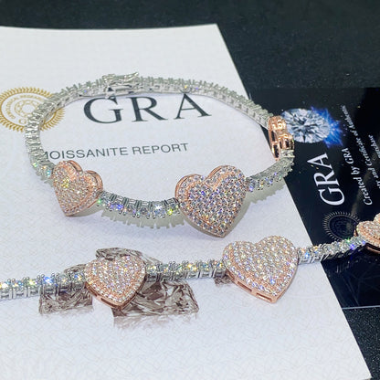 3mm Bi-Tone Heart Moissanite Tennis Chain | S925 Silver Iced Out Bracelet | Caratix