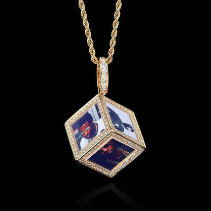Custom Cube Memory Photo Pendant Necklace with Micro-Pave Zircon Stones | Caratix Jewelry - CaratixJewelry