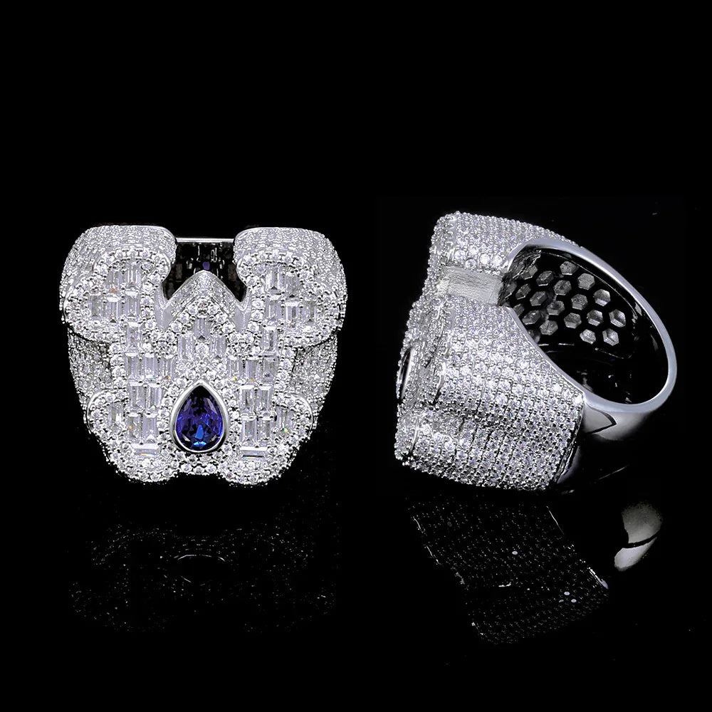 Women's Custom Blue Teardrop Ring | Baguette & Round Hybrid Pave Band | Caratix