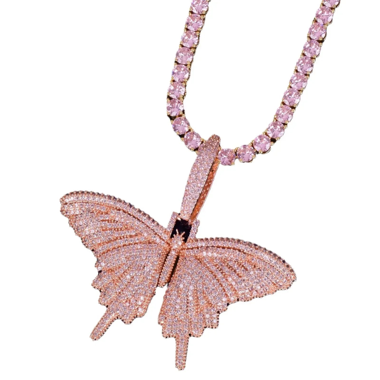 Vibrant Pink Iced Out Butterfly Pendant | Unisex Hip Hop Rock Necklace | Premium Copper Pink Zircon Jewelry | Y2K Streetwear Bling | Caratix - CaratixJewelry