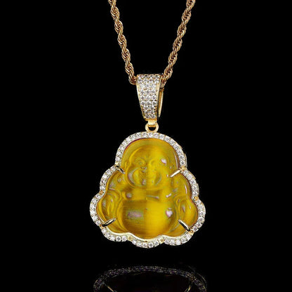 Custom Cat's Eye Stone Maitreya Buddha Pendant Necklace with Zircon Stones for Men and Women | Caratix Jewelry - CaratixJewelry