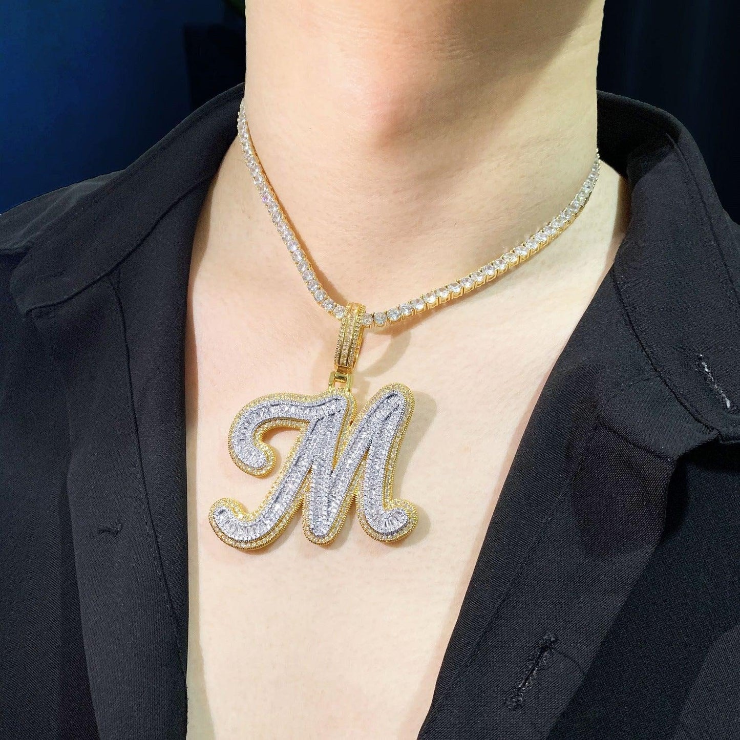Baguette Script Letter Pendant | CZ Iced Out Hip Hop Unisex Streetwear Necklace - CaratixJewelry