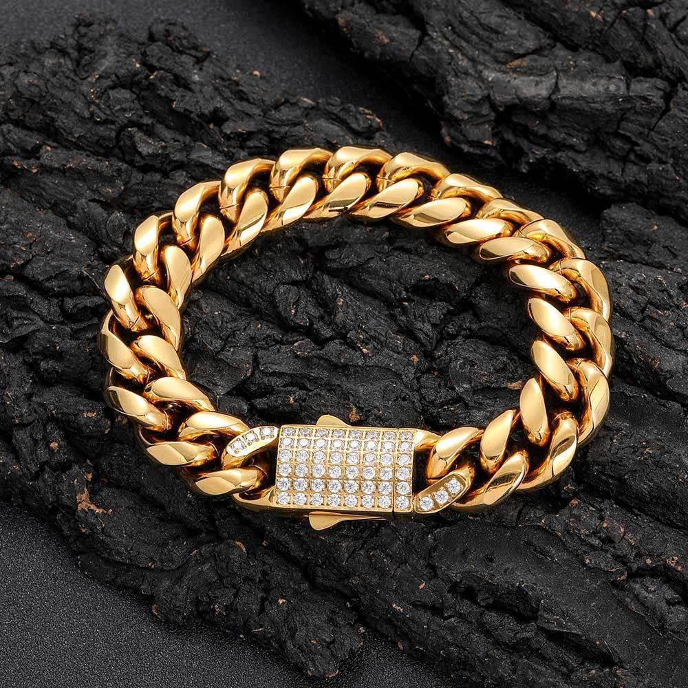 Polished Round Cuban Link Titanium Bracelet Zircon Hip Hop Jewelry Push Button Clasp for Men | Caratix Jewelry - CaratixJewelry