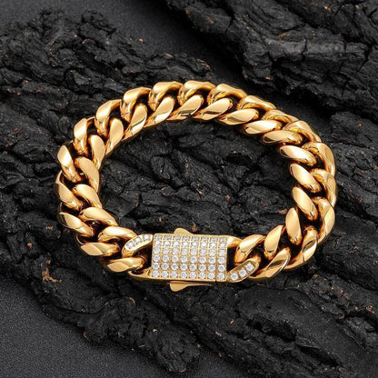 Polished Round Cuban Link Titanium Bracelet Zircon Hip Hop Jewelry Push Button Clasp for Men | Caratix Jewelry - CaratixJewelry