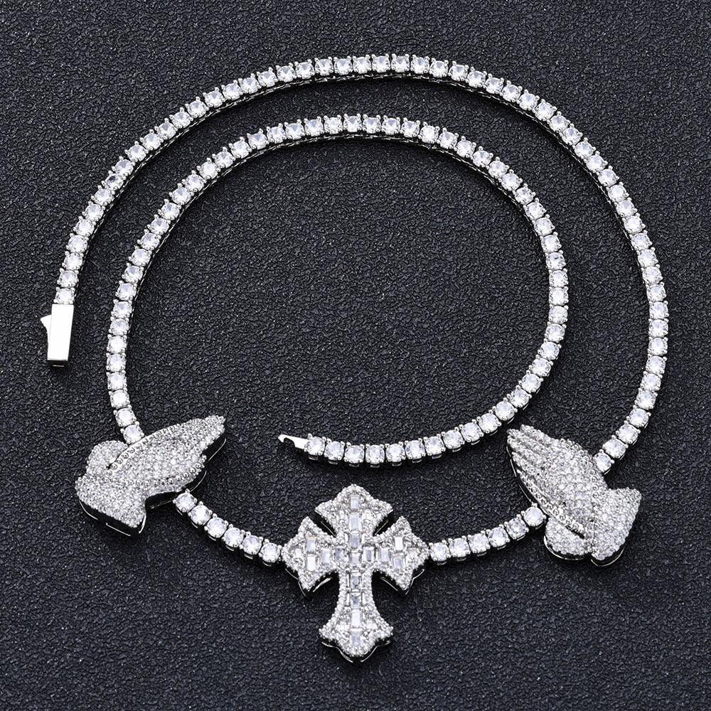 3.5mm Cross Hand Prayer Zircon Tennis Chain Necklace for Men | Caratix Jewelry - CaratixJewelry