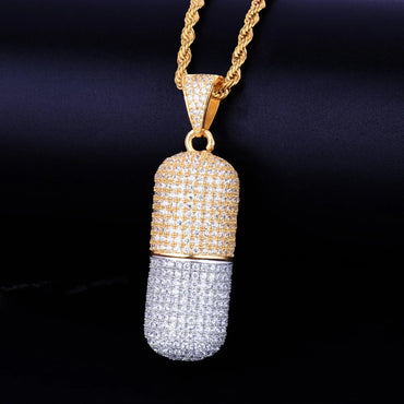 Iced Out Dual-Tone Pill Pendant | Men's Spliced Capsule Necklace | Premium Copper CZ Party Jewelry | Half & Half Trend Bling | Caratix - CaratixJewelry