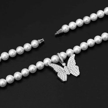 8mm–10mm Pearl Necklace with Cross Butterfly Letter Pendant for Men & Women | Caratix Jewelry - CaratixJewelry