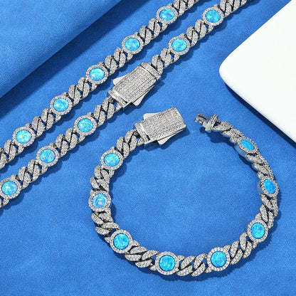 8mm Blue Gemstone Opal Zircon Hip Hop Jewelry Cuban Bracelet - CaratixJewelry