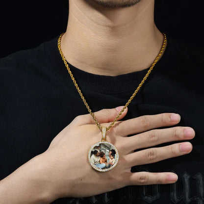 36mm Men's S925 Silver Moissanite Pendant | Custom Photo Circle Medallion | Caratix