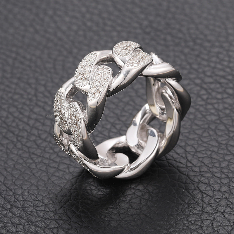 S925 Sterling Silver Moissanite Cuban Link Ring – Iced-Out Hip-Hop Chain Band for Men