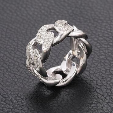 S925 Sterling Silver Moissanite Cuban Link Ring – Iced-Out Hip-Hop Chain Band for Men