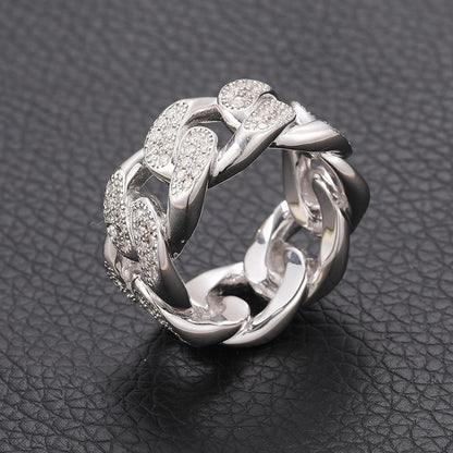 S925 Sterling Silver Moissanite Cuban Link Ring – Iced-Out Hip-Hop Chain Band for Men