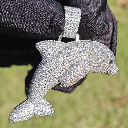 Iced Out Blue CZ Dolphin Pendant Necklace – Hip Hop Animal Jewelry for Men, Trendy Street Style - CaratixJewelry