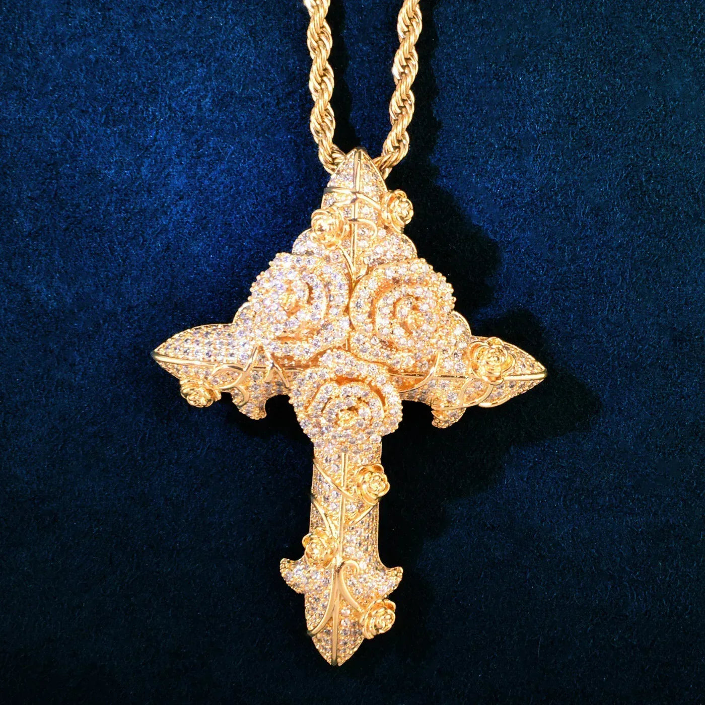 Iced Out Rose Cross Pendant Rope Chain Necklace - CaratixJewelry