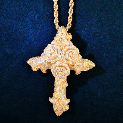 Iced Out Rose Cross Pendant Rope Chain Necklace - CaratixJewelry