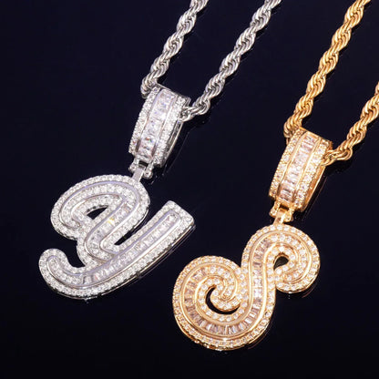 Mini Baguette Letter Pendant | CZ Iced Out Hip Hop Initial Necklace - CaratixJewelry