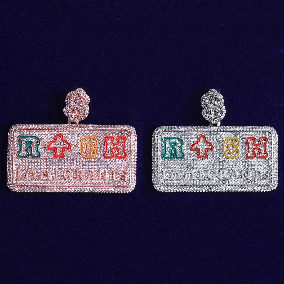 Iced Out Dollar Buckle "RICH" Square Pendant | Men's Wealth Medallion - CaratixJewelry