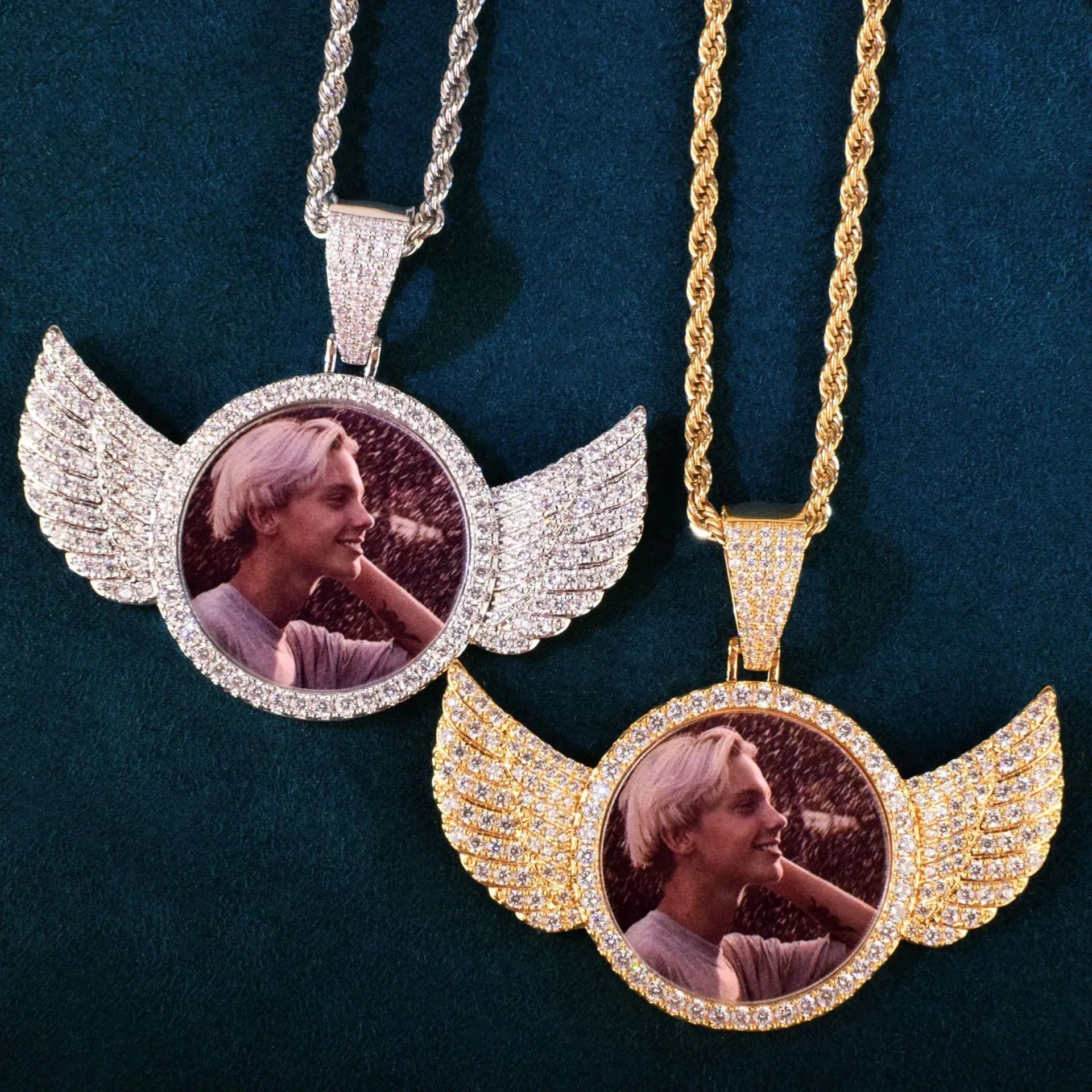 Small Wing Photo Pendant Necklace | CZ Iced Out Custom Picture DIY Couple Jewelry - CaratixJewelry