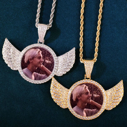 Small Wing Photo Pendant Necklace | CZ Iced Out Custom Picture DIY Couple Jewelry - CaratixJewelry