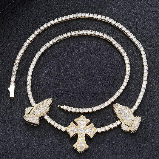 3.5mm Cross Hand Prayer Zircon Tennis Chain Necklace for Men | Caratix Jewelry - CaratixJewelry