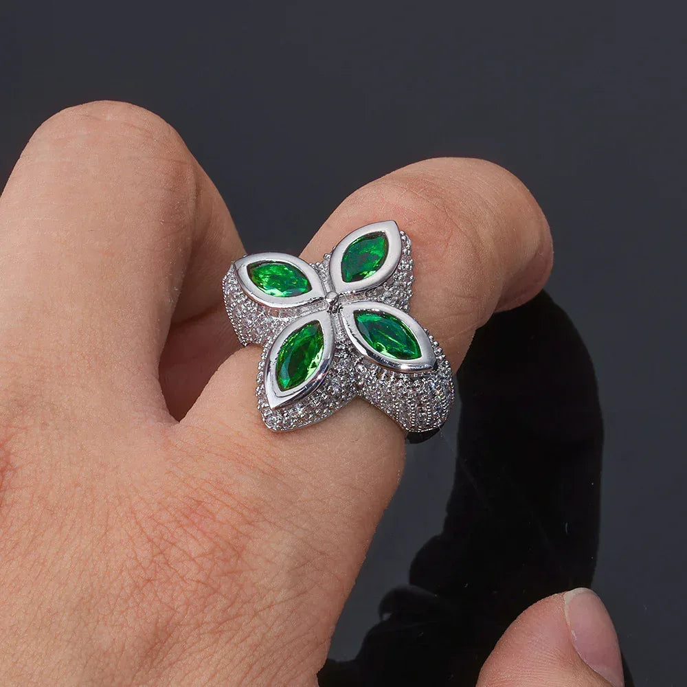 Men's Full Zircon Multi-Color Clover Ring | Iced Out Gemstone Statement Band | Premium Hip Hop Jewelry | Caratix - CaratixJewelry