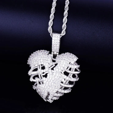 Iced Out Broken Skeleton Heart Pendant | Unisex Real Copper CZ Necklace - CaratixJewelry