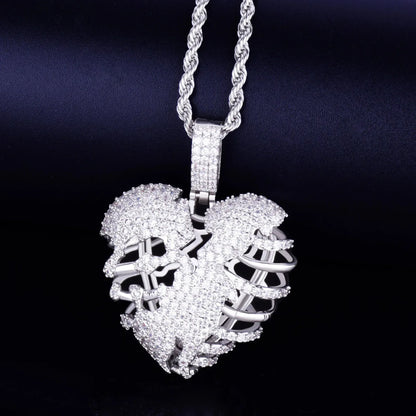 Iced Out Broken Skeleton Heart Pendant | Unisex Real Copper CZ Necklace - CaratixJewelry