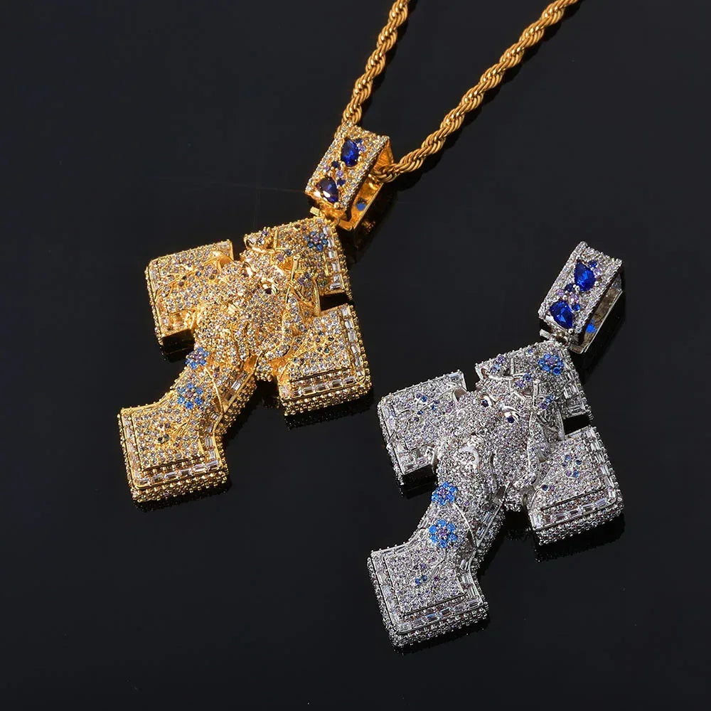 Custom Pendant Necklace with Portrait & Blue Flower Cross | Iced-Out Art Jewelry | Caratix - CaratixJewelry
