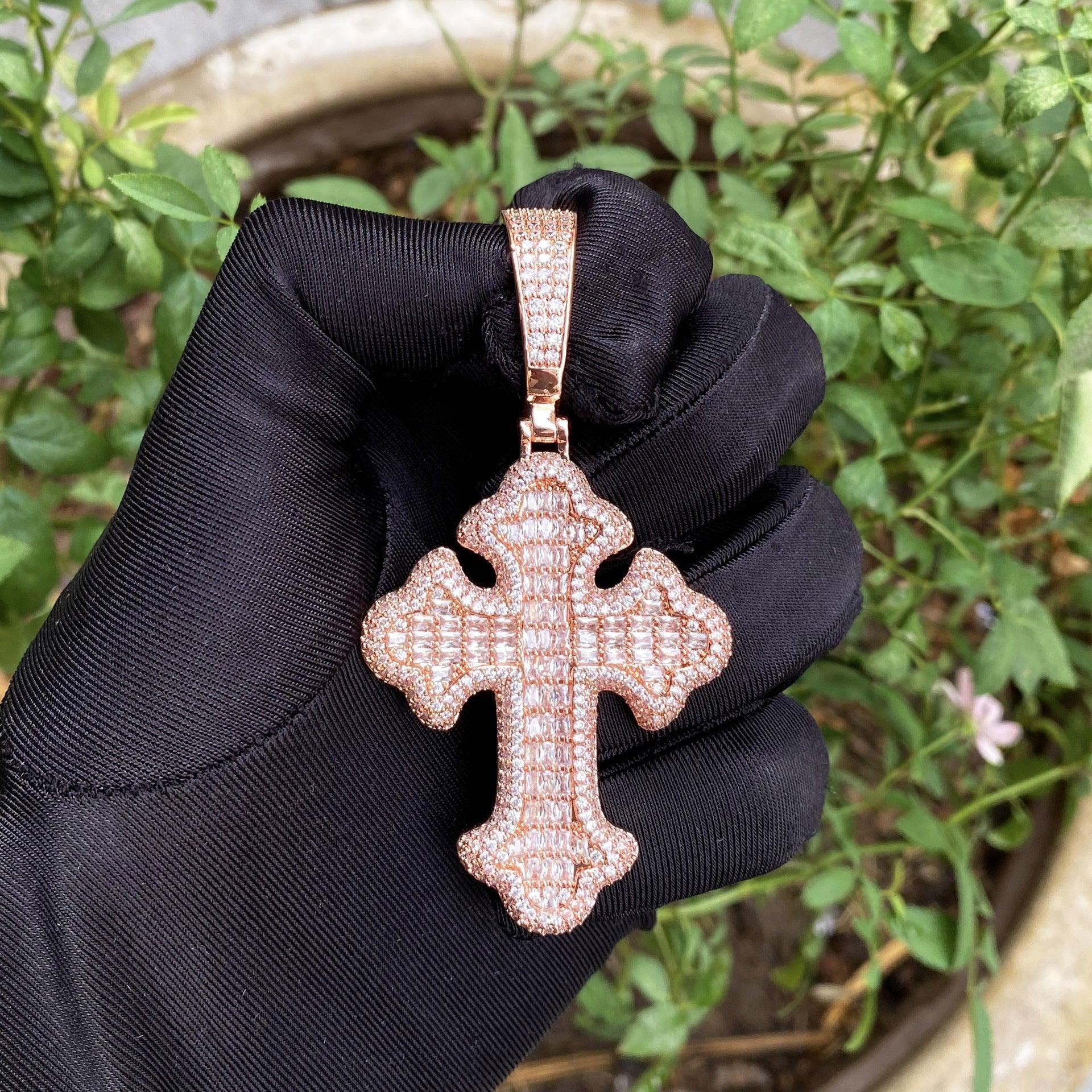 Iced Out Baguette Cross Pendant | Men's Real Copper CZ Necklace - CaratixJewelry