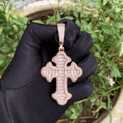 Iced Out Baguette Cross Pendant | Men's Real Copper CZ Necklace - CaratixJewelry