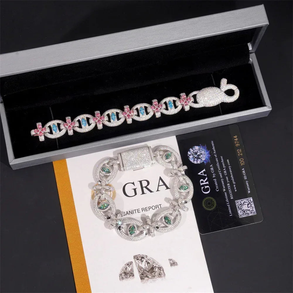 Colored Moissanite Eye & Cross Bracelet – S925 Sterling Silver Iced-Out Hip Hop Streetwear Jewelry - CaratixJewelry