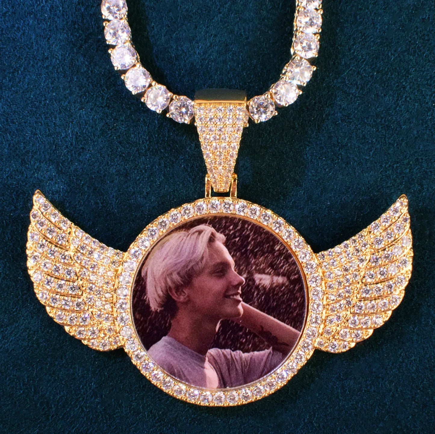 Small Wing Photo Pendant Necklace | CZ Iced Out Custom Picture DIY Couple Jewelry - CaratixJewelry