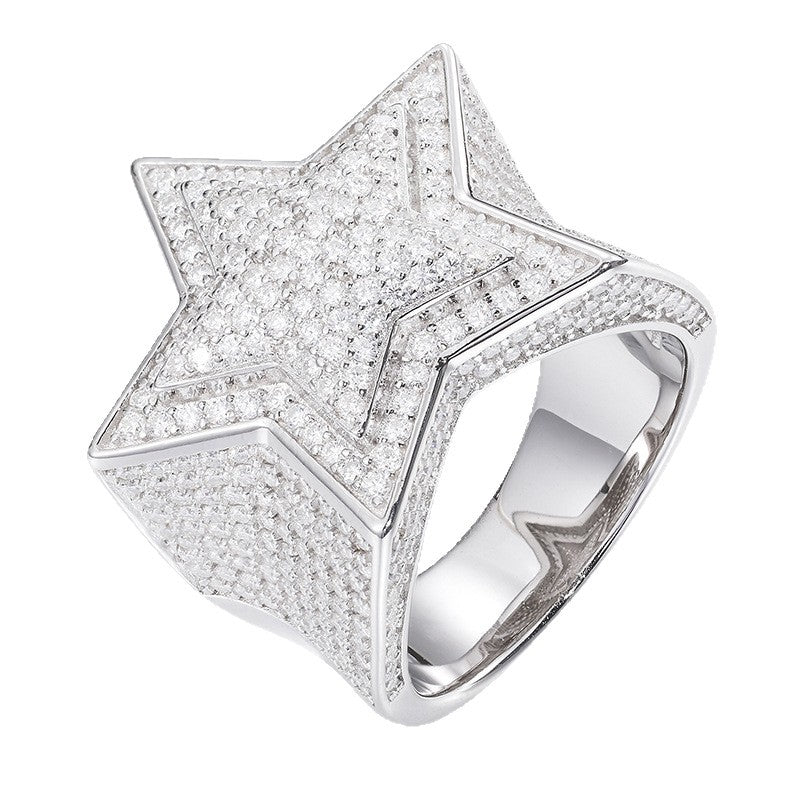 Unisex S925 Sterling Silver Moissanite Star Ring – Iced-Out Hip-Hop Statement Band