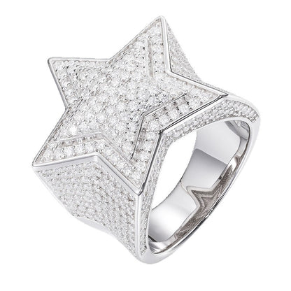 Unisex S925 Sterling Silver Moissanite Star Ring – Iced-Out Hip-Hop Statement Band