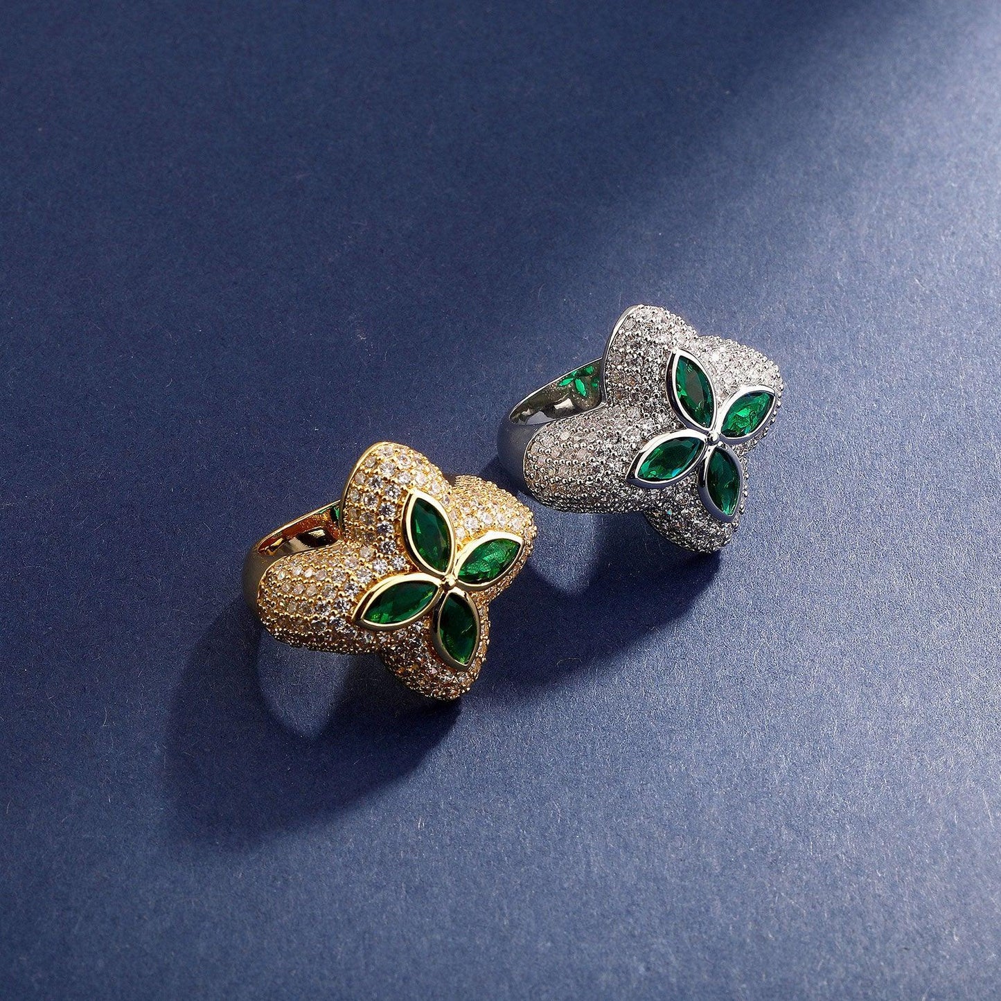 Men's Iced Out Four-Leaf Clover Ring | Flower Motif Hip Hop Band | Caratix