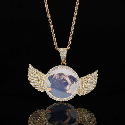 Custom Angel Wings Round Photo Pendant Necklace with Zircon Stones for Men | Caratix Jewelry - CaratixJewelry