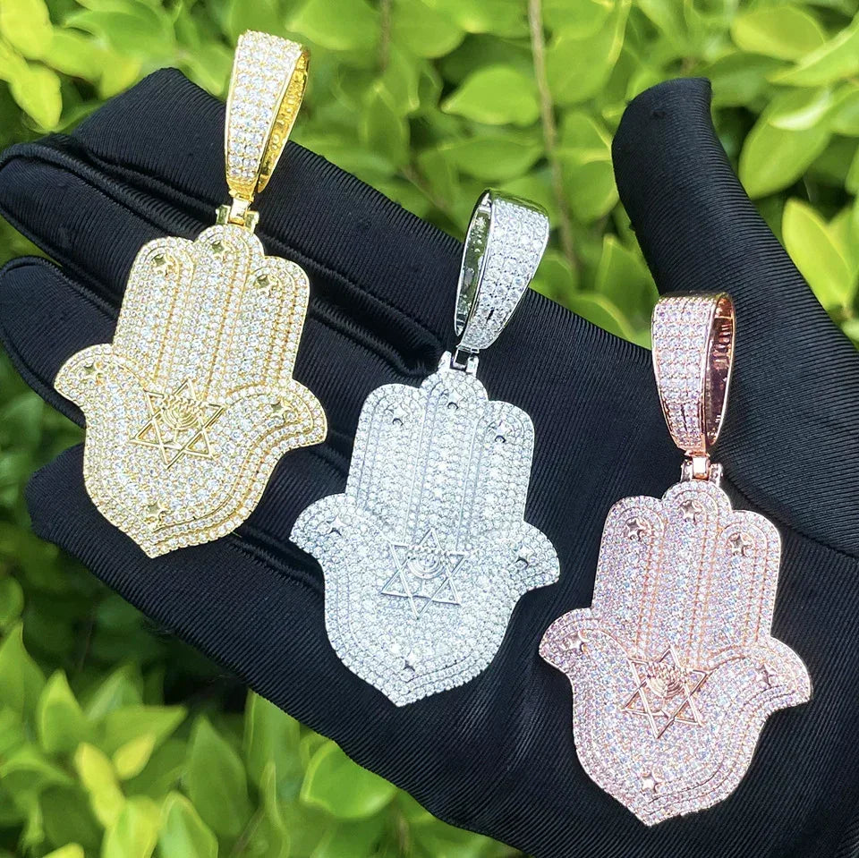 Iced Out Hand & Star Pendant | Unisex Real Copper CZ "Lucky Charm" Necklace - CaratixJewelry