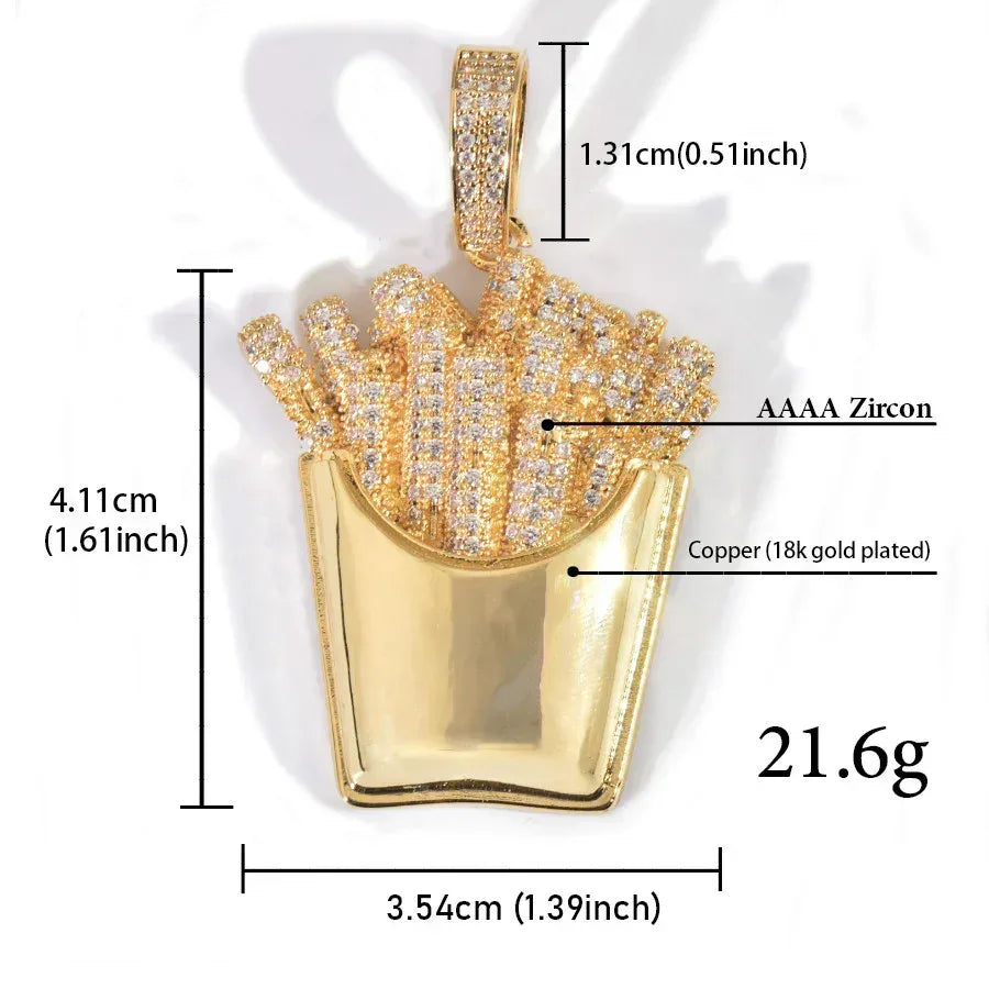 Iced Out French Fries Pendant Necklace | CZ Hip Hop Unisex Trendy Jewelry - CaratixJewelry