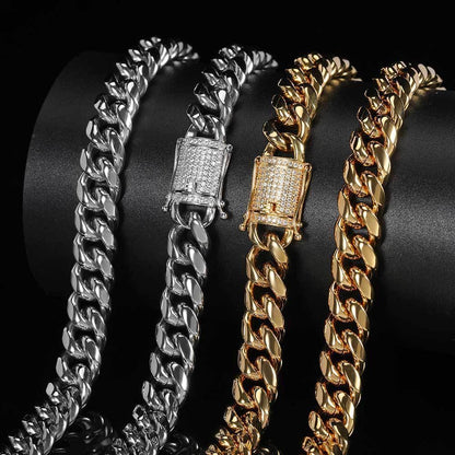 12mm Cuban Chain Necklace with Clasp and 18K Gold Plating for Men | Titanium Steel and Stainless Steel | Caratix Jewelry - CaratixJewelry