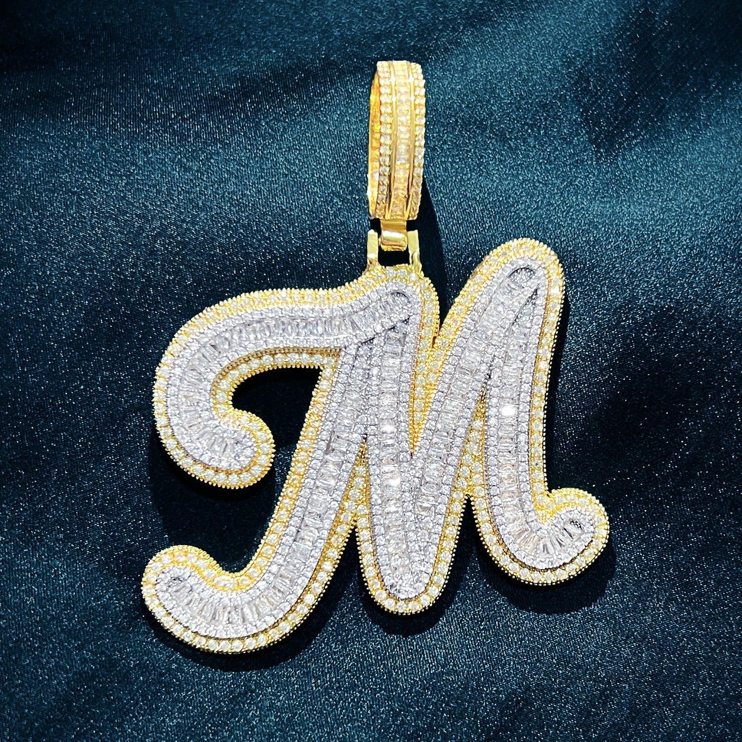 Baguette Script Letter Pendant | CZ Iced Out Hip Hop Unisex Streetwear Necklace - CaratixJewelry