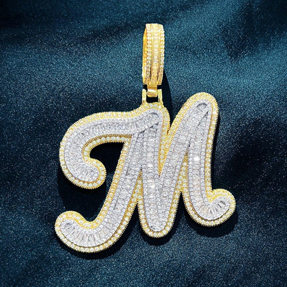 Baguette Script Letter Pendant | CZ Iced Out Hip Hop Unisex Streetwear Necklace - CaratixJewelry