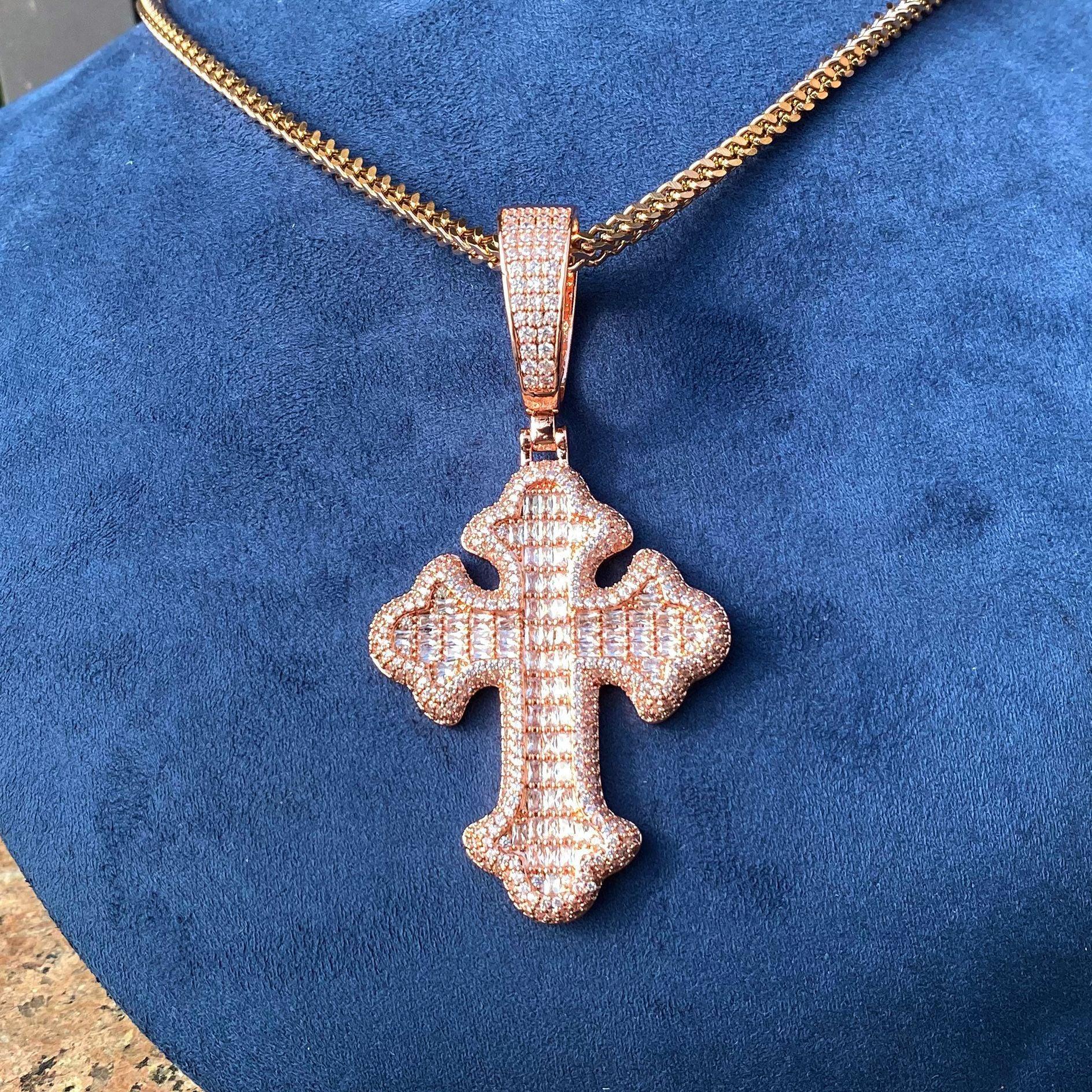 Iced Out Baguette Cross Pendant | Men's Real Copper CZ Necklace - CaratixJewelry