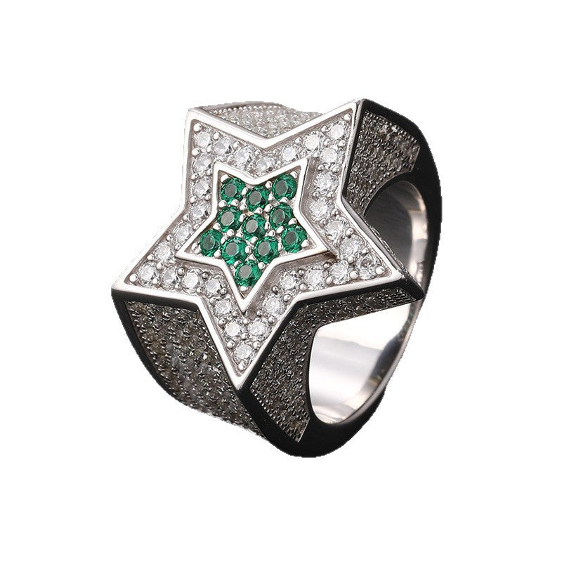 Men's S925 Sterling Silver Moissanite Star Ring – Blue Sapphire Hip-Hop Statement Band